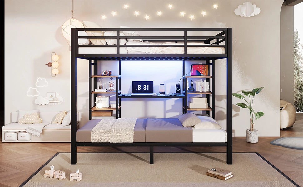 Letto a castello 140 × 200 cm sopra e 90 × 200 cm sotto con ripiani, USB, Type-C, LED, senza materasso, nero
