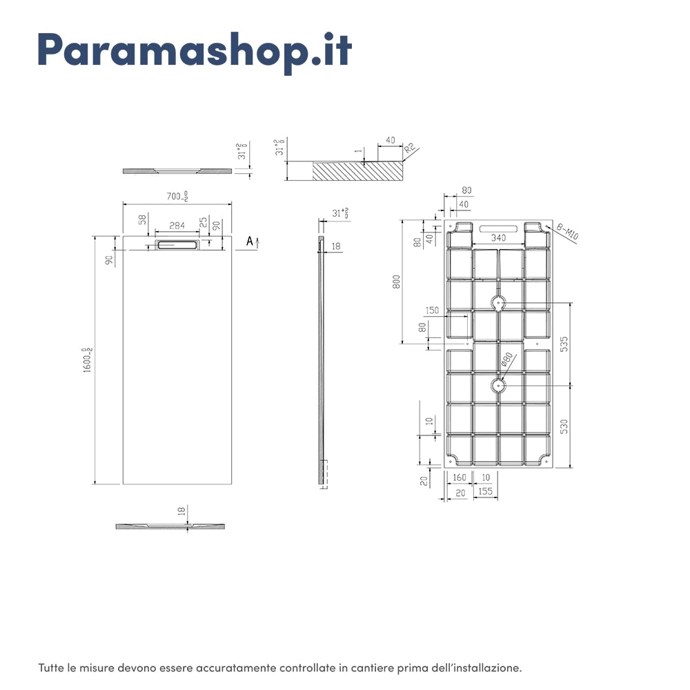 Piatto doccia 70x160 cm in marmoresina grigio effetto pietro | Paros