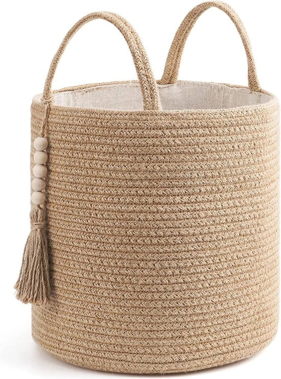 Cesto di stoccaggio decorativo con corda naturale e grani di legno - Spazio di stoccaggio per coperte, giocattoli e abiti