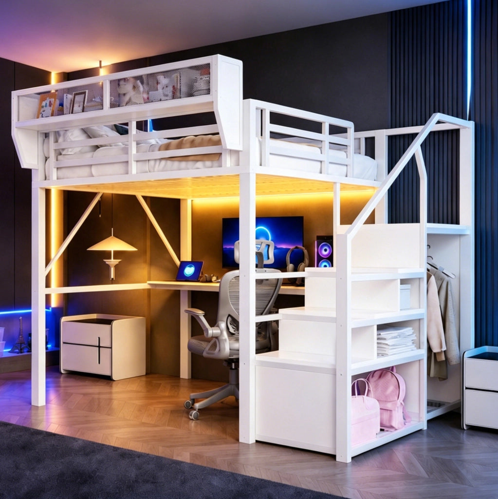 Letto a soppalco 140x200 cm in metallo bianco con scrivania; LED; scala e scaffale regolabile