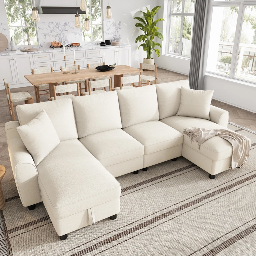 DIVANO a U 280x137 cm in Chenille Beige con Chaise Longue Contenitore