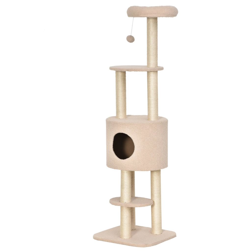 Albero Tiragraffi Robusto per Gatti con 5 Livelli, Cuccia, Casetta, Giochi e Corda Sisal, Beige, Max 30kg
