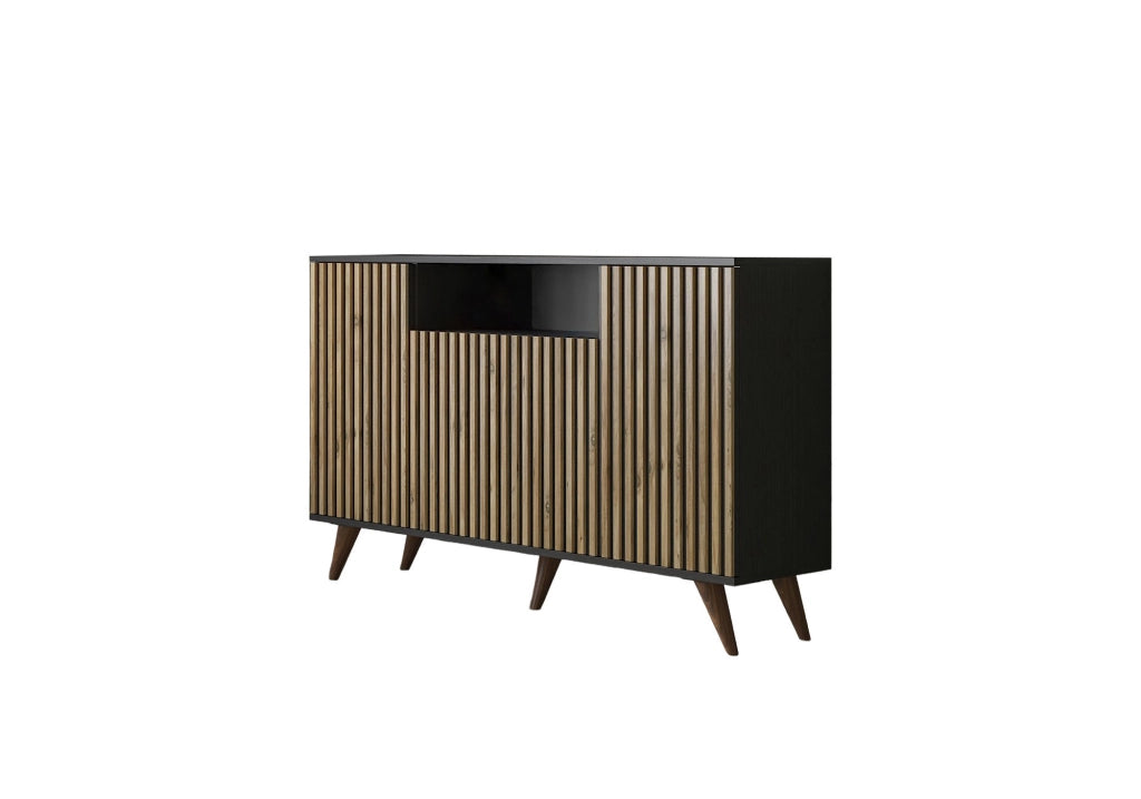 Credenza in legno "FRN-9004-1" - 140 x 35 x 91 cm - Legno, Nero, Pino Atlantico