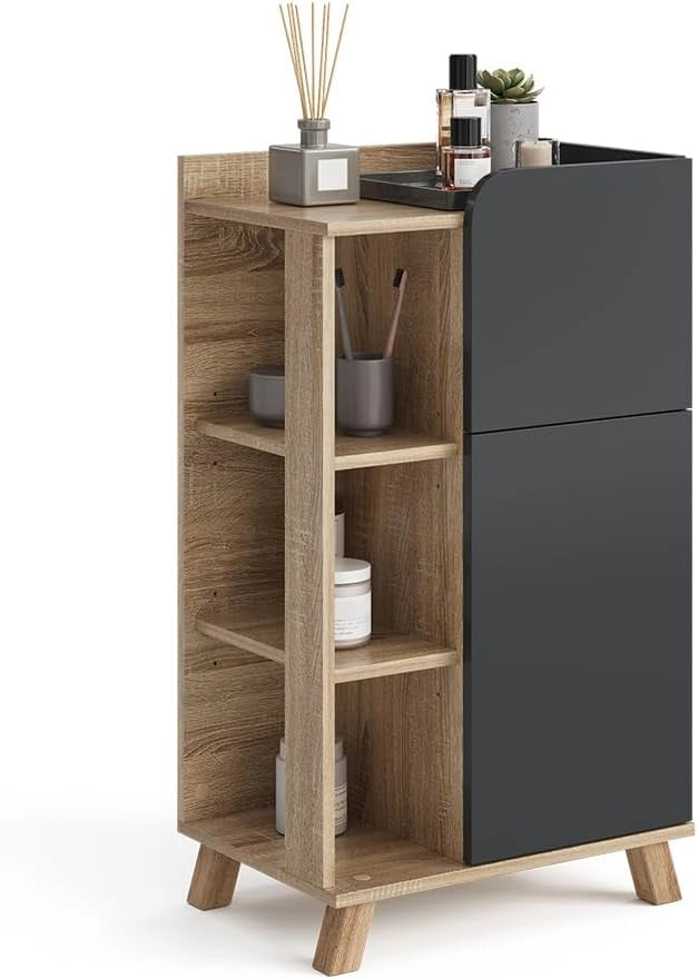 Armadietto di base Karen, Sonoma/antracite, 50 x 90 cm con anta e cassetto, adatto per la conservazione di articoli da bagno e asciugamani