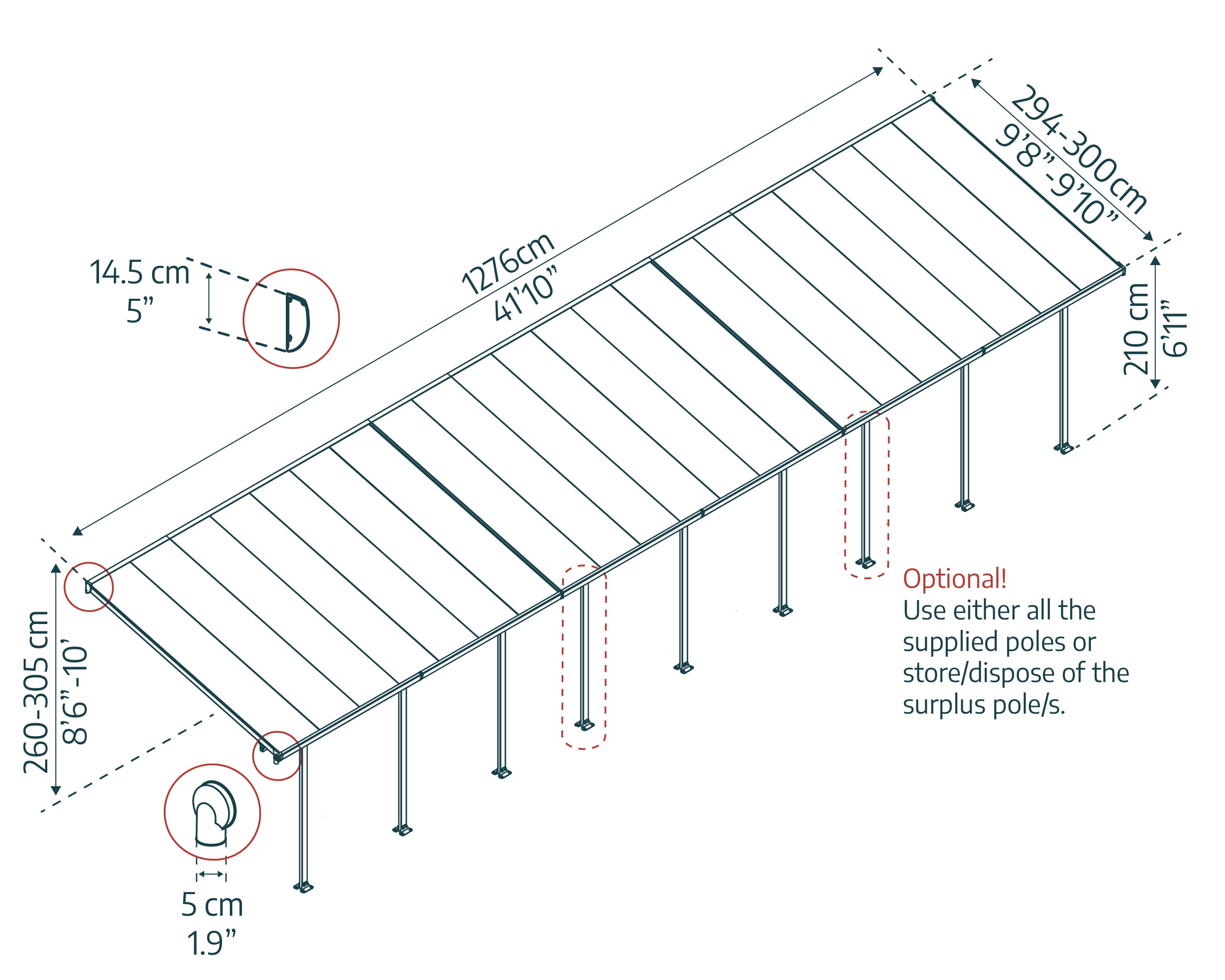 Pergola Addossata in Alluminio  3X12.7 m colore Grigio - Canopia Feria