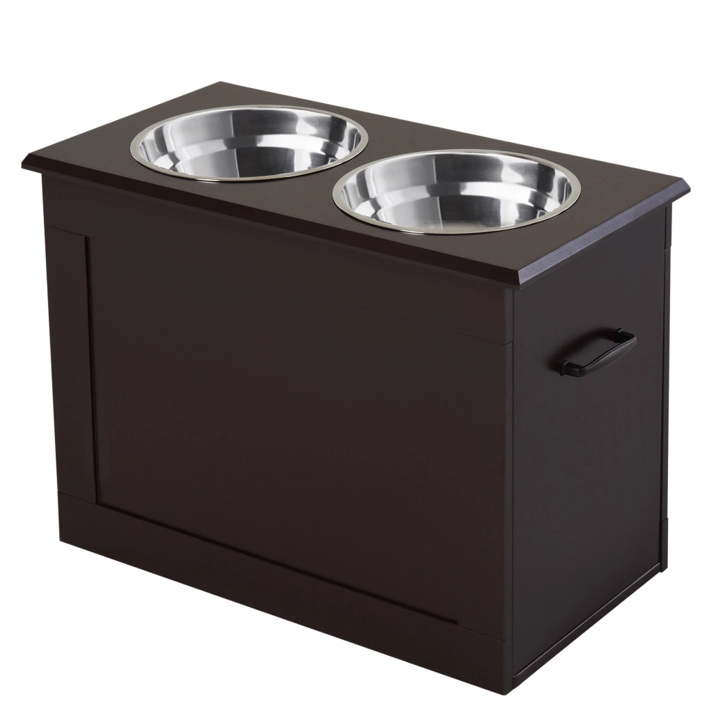 Scaffale rialzato con due ciotole e vano nascosto per cani grandi e anziani con maniglia laterale in MDF marrone 60 × 30 × 41 cm