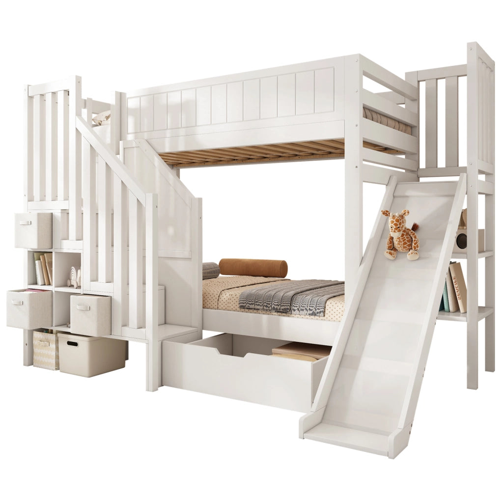Letto a castello per bambini 90x200 cm con scivolo; scala contenitore e cassetti; bianco