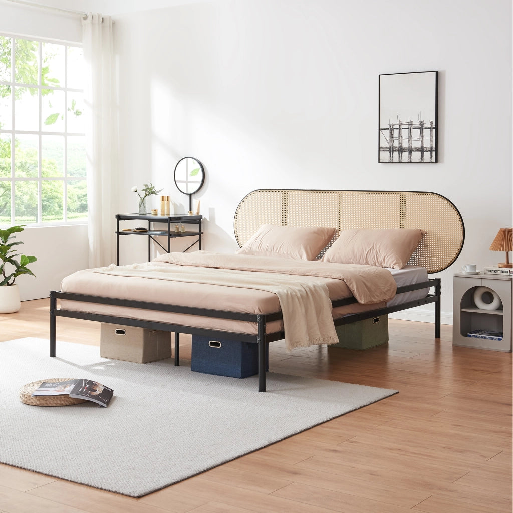 Letto Matrimoniale Linköping 160x200 cm Giroletto in Metallo Nero con Testiera Ovale Effetto Rattan [en.casa]