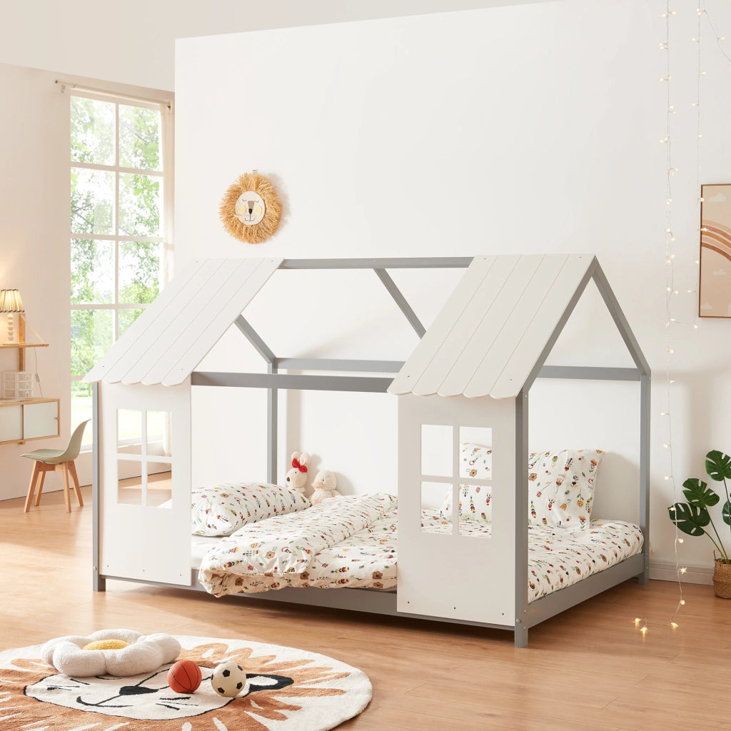 Letto Tostedt per Cameretta a Forma di Casetta Semiaperta 140 x 200 cm Grigio / Bianco [en.casa]