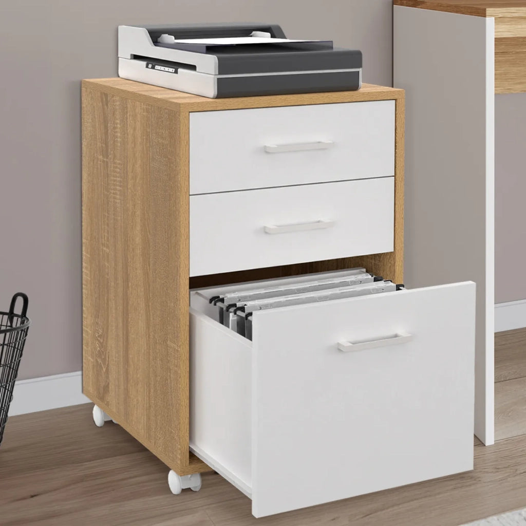 IDMarket - Piedistallo per scrivania JON con supporto per stampante a 3 cassetti, legno e bianco