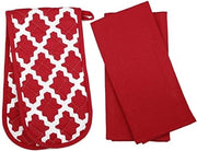 Set di Maniglie e Asciugamani per Forno - 3 Pezzi di Cotone, Rosso Diamante