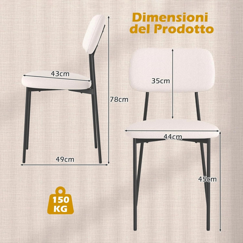 Set di 4 Sedie da Pranzo, Sedie da Cucina in Tessuto Lino con Gambe in Metallo, Sedile Imbottito in Cotone e Schienale Curvo, Sedia senza Braccioli per Sala da Pranzo, Soggiorno e Ufficio