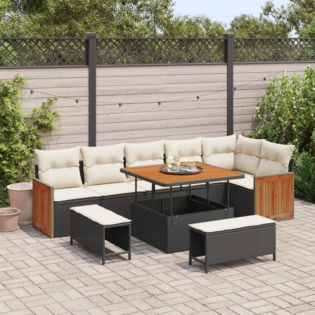 Set divani giardino  9 pezzi con cuscini neri polyrattan acacia