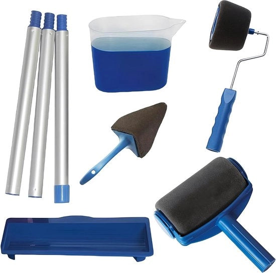 Set di pennelli a rullo per pittura da 6 pezzi - Kit di pennelli e scatola con asta telescopica - Pennelli a rullo grandi e piccoli per uso ufficio