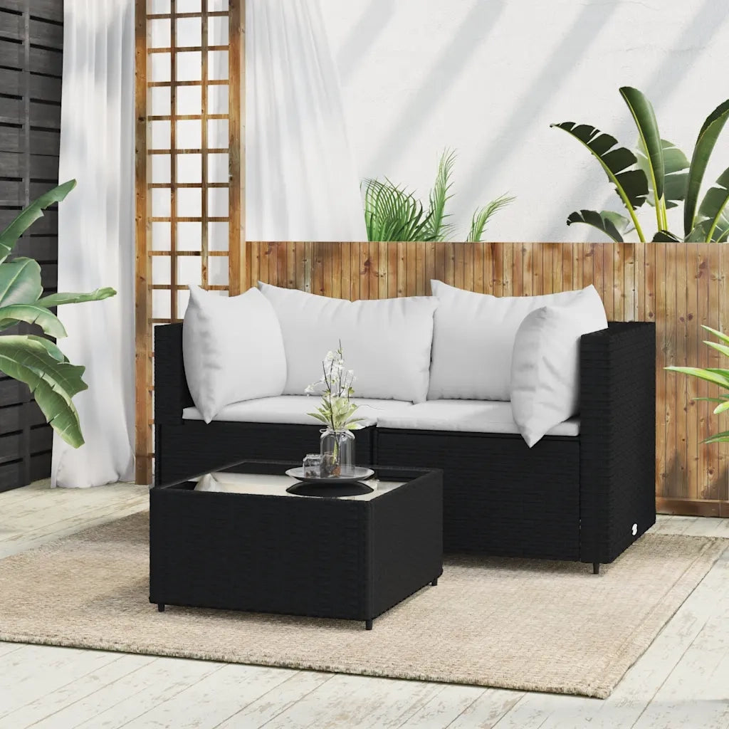 Set Divani da Giardino 3 pz | Set Salotto da Giardino con Cuscini Nero in Polyrattan