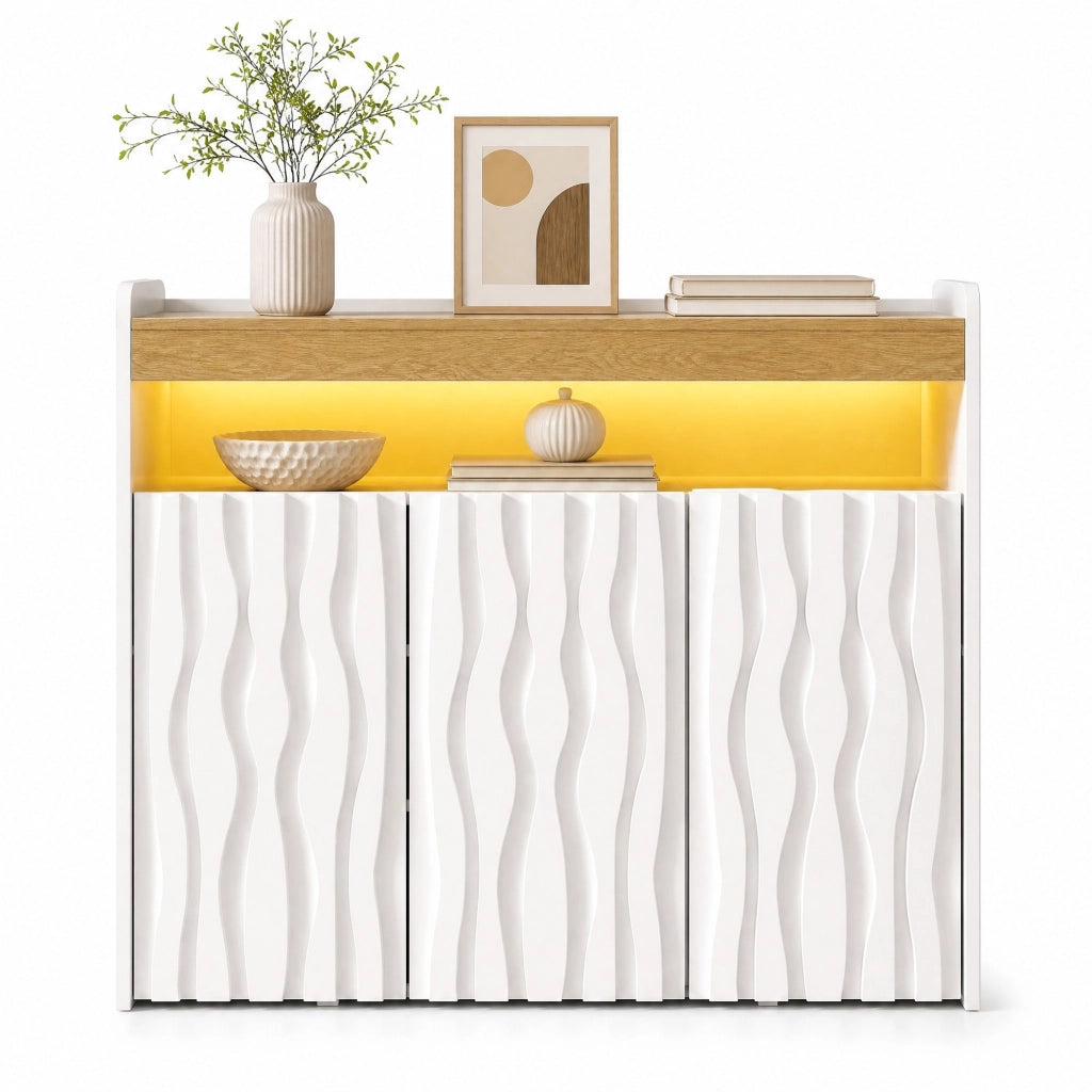 Sideboard moderno con 3 porte, LED integrato e ripiani regolabili, bianco e naturale, 105 x 33,5 x 76 cm