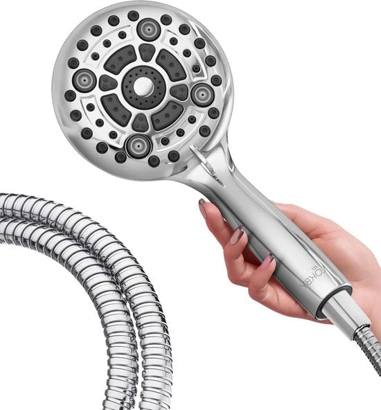 Douchekop a Mano a 6 Configurazioni - Alta Pressione - Set con 150 cm Slang RVS Teflon Nastro Anello in Gomma - Acciaio Inox
