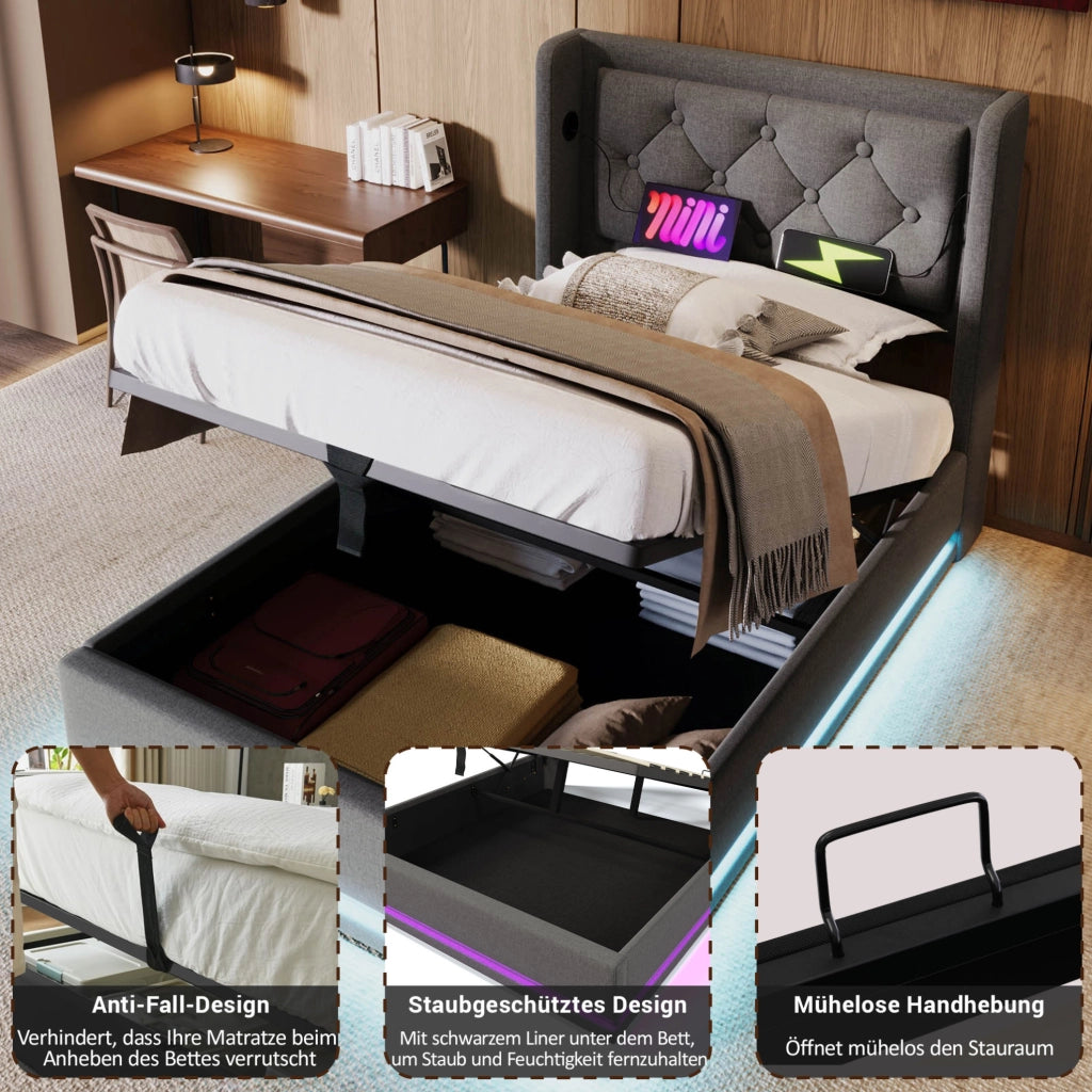 Letto imbottito 90x200 cm grigio con LED, USB-C e materasso