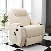 Poltrona Relax Elettrica Reclinabile Girevole con 2 Portabicchieri, Telecomando, Poggiapiedi e 4 Tasche Laterali, in Pelle PU, Legno e Acciaio, Crema