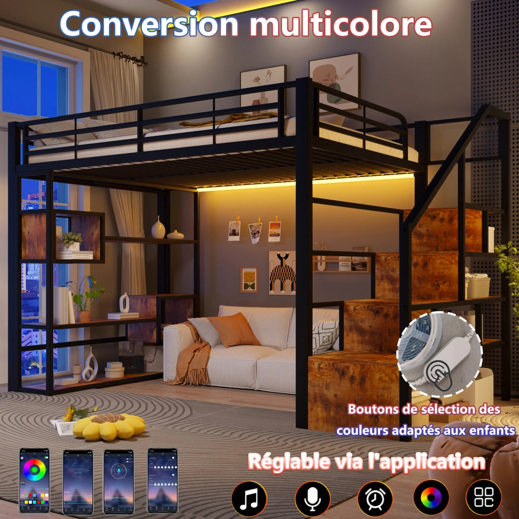 Letto a soppalco 140x200 cm con spazio libero sottostante; LED; ripiano; gradini integrati e parapetto; metallo nero