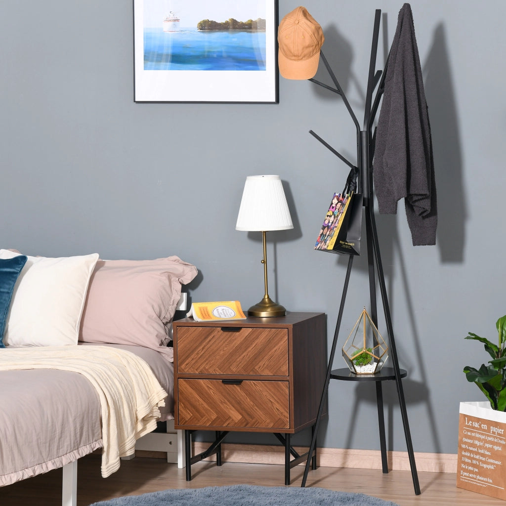 Appendiabiti da terra in metallo e MDF nero, 180 cm, con 3 barre, 8 ganci e piano d'appoggio