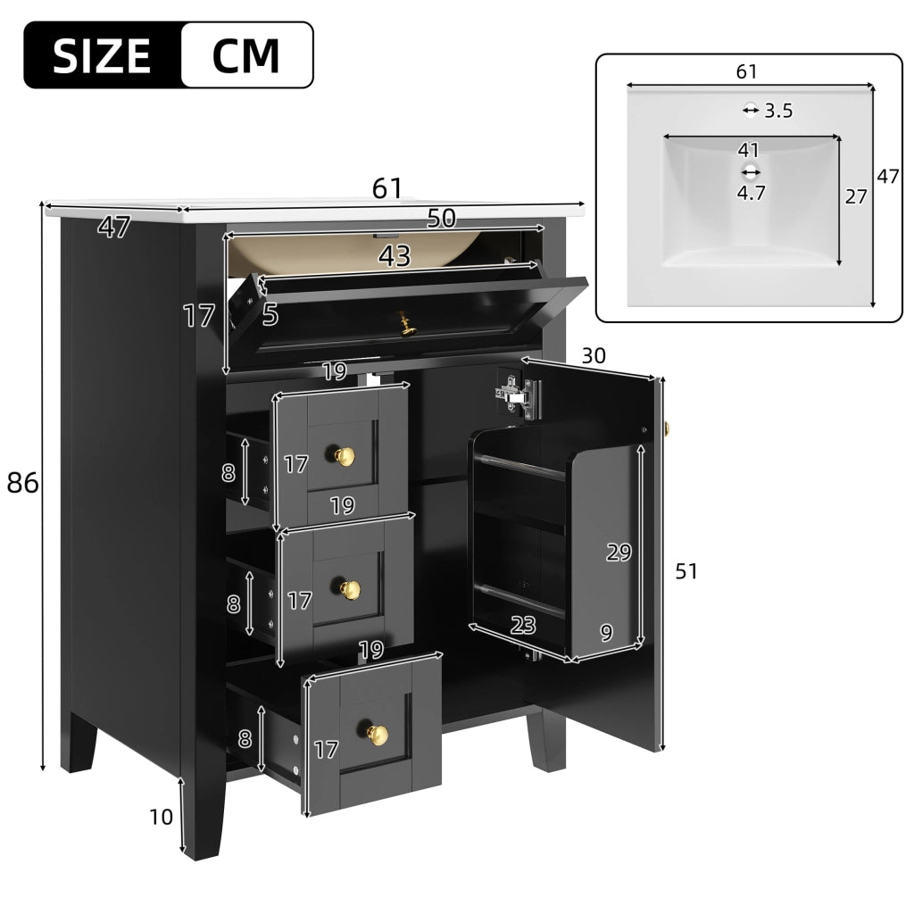 Mobile sottolavabo 61 cm con lavabo in ceramica, MDF nero lucido e 3 cassetti