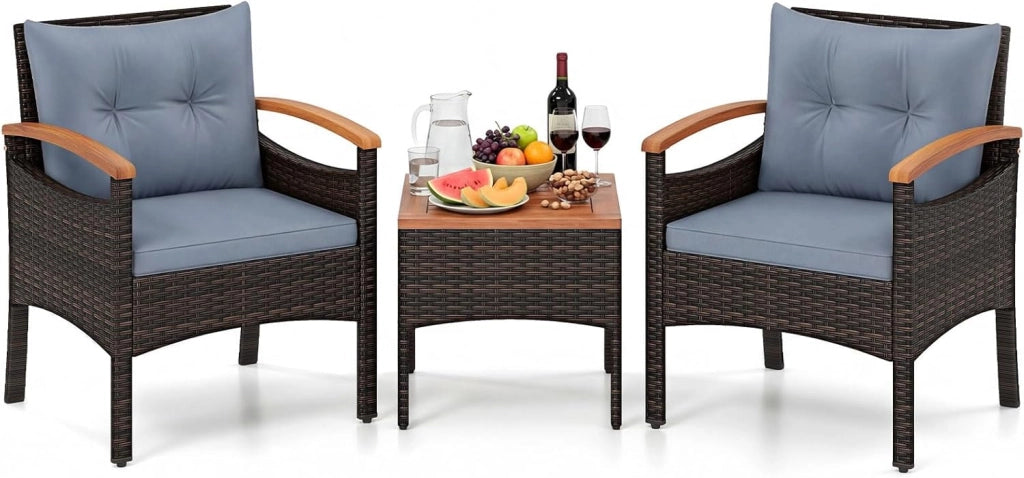 Set Salotto da Giardino per 2 Persone, Poltrone da Giardino in Rattan e Legno con Tavolino Laterale, Salottino da 3 Pezzi con Cuscini per Cortile, Veranda e Balcone (Grigio)