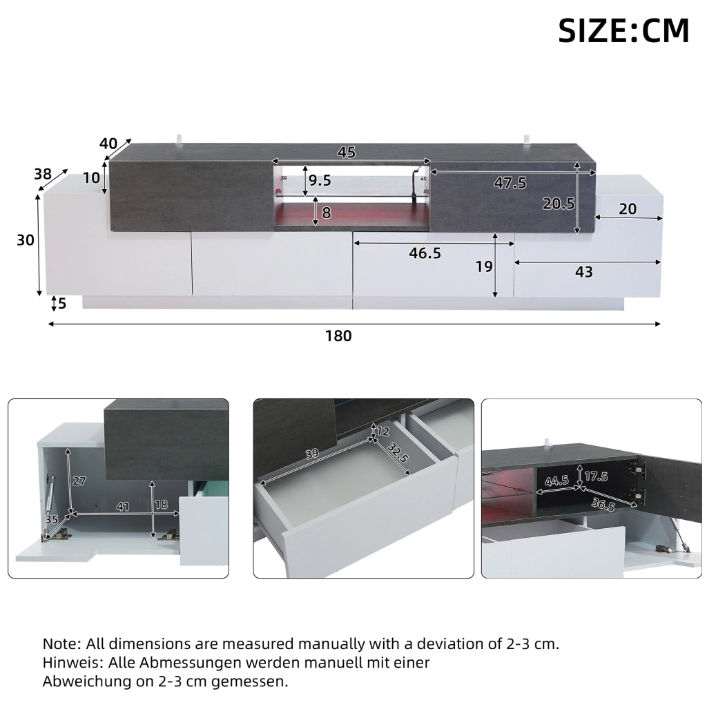 Mobile TV con 2 cassetti; 4 ante e 3 vani; LED - per soggiorno - 180x40x45 cm - bianco e grigio