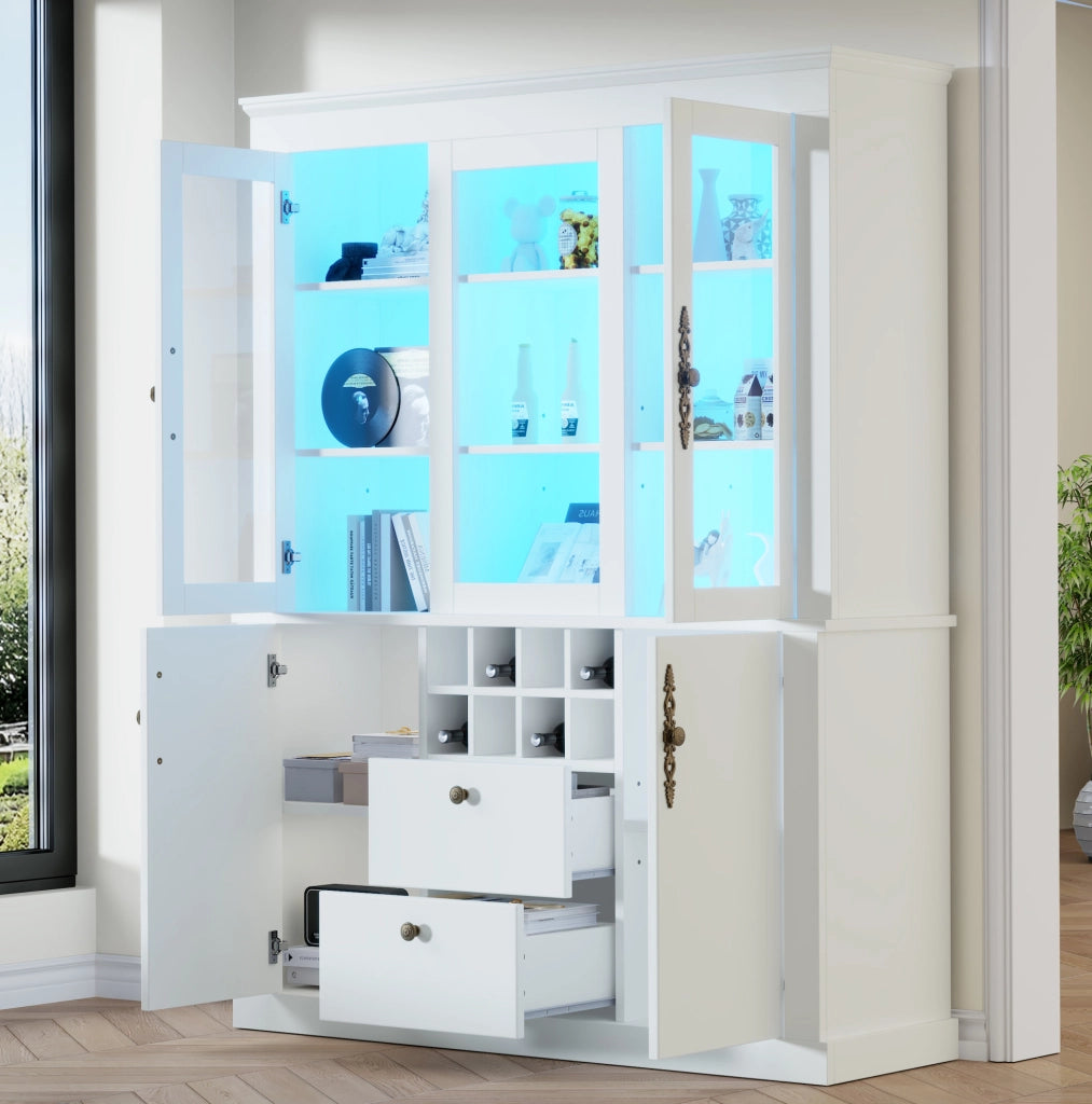 Mobile vetrina con LED e 2 cassetti 130 x 37;5 x 170;5 cm in legno nobilitato e vetro; bianco