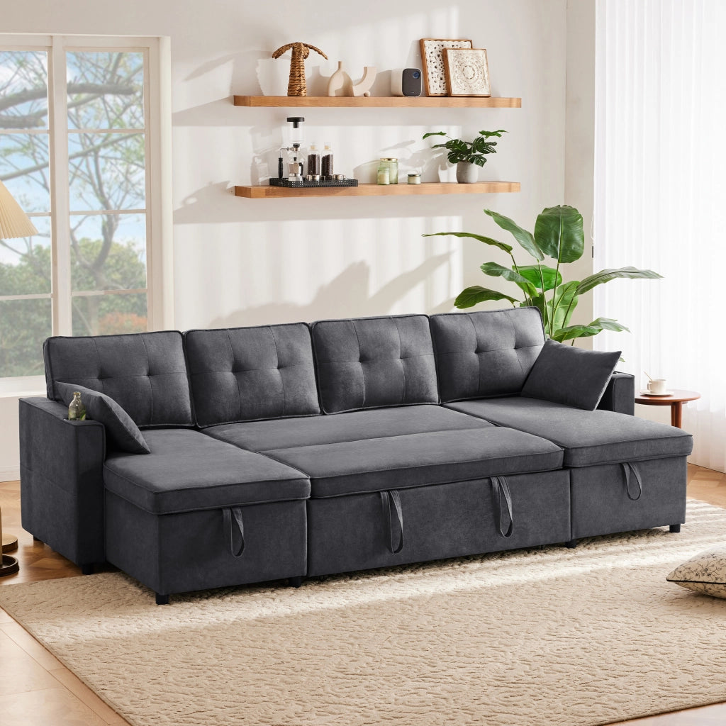 DIVANO LETTO U-form 270x130x86 cm Grigio in tessuto cotone e lino