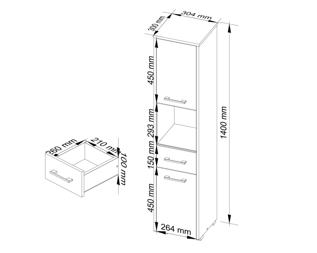 Colonna da bagno AKORD FIN Bianca 30 cm 2 ante 1 cassetto 30x30x140 cm