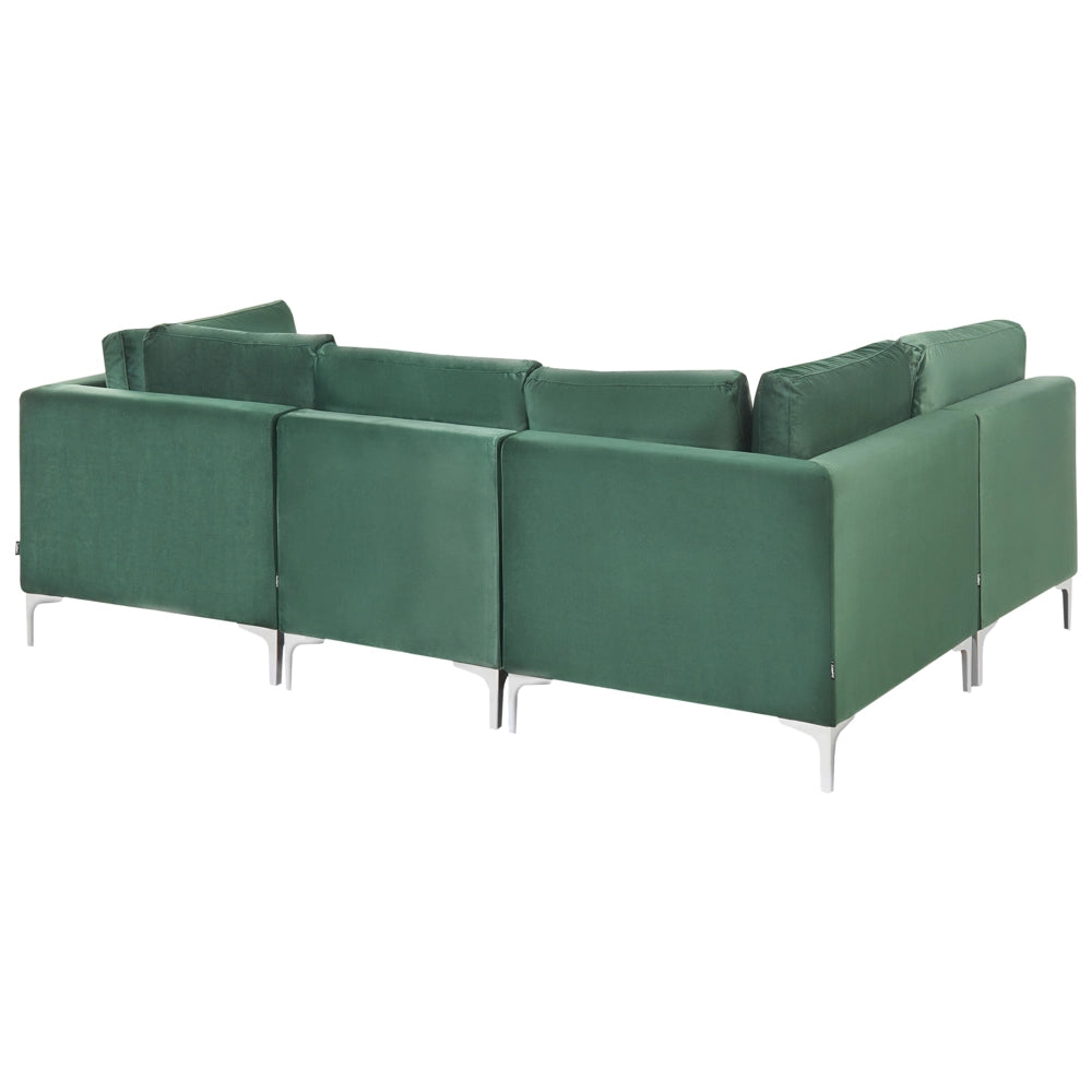 Divano ad angolo componibile versione sinistra a 4 posti in velluto verde con gambe in metallo argento stile glamour
