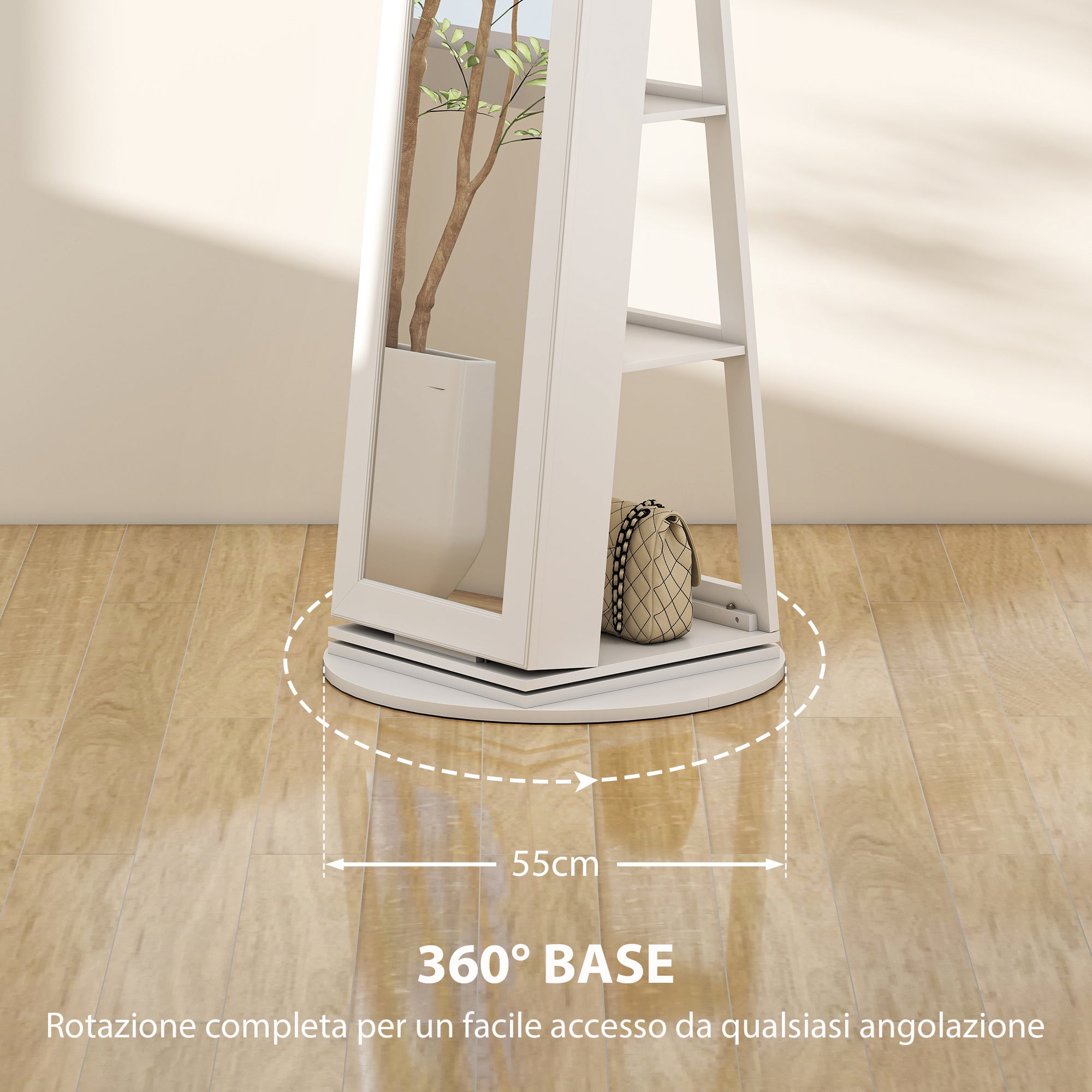 Specchio Portagioie 3 in 1 Girevole a 360° e Autoportante 55x55x161 cm in MDF Bianco