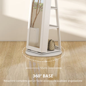 Specchio Portagioie 3 in 1 Girevole a 360° e Autoportante 55x55x161 cm in MDF Bianco