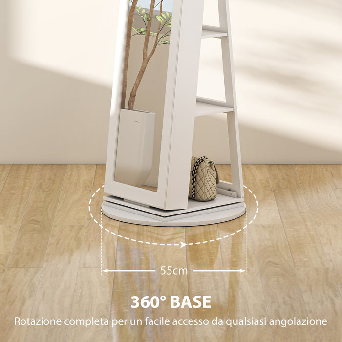 Specchio Portagioie 3 in 1 Girevole a 360° e Autoportante 55x55x161 cm in MDF Bianco