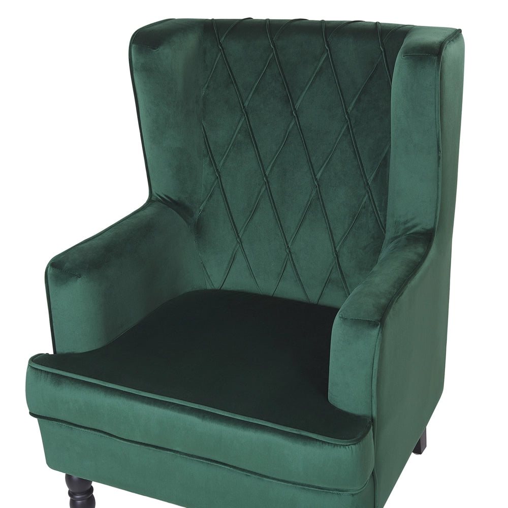 Poltrona con Poggiapiedi Tessuto Velluto Verde Gambe in Legno Stile Wingback