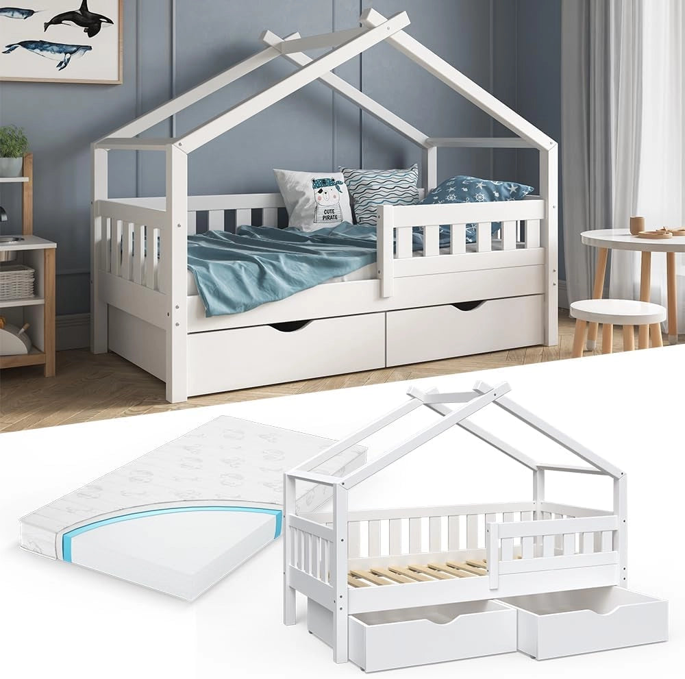 Letto montessori bambini Design, Bianco, 80x160 cm con 2 cassetti e materasso, adatto come area giochi e zona notte per bambini