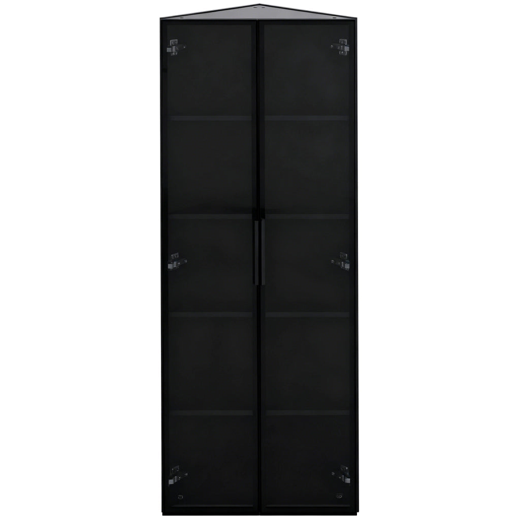 Vetrina angolare LED in vetro 62 x 35 x 160 cm, nera, con ante soft-close e struttura in MDF e vetro temperato