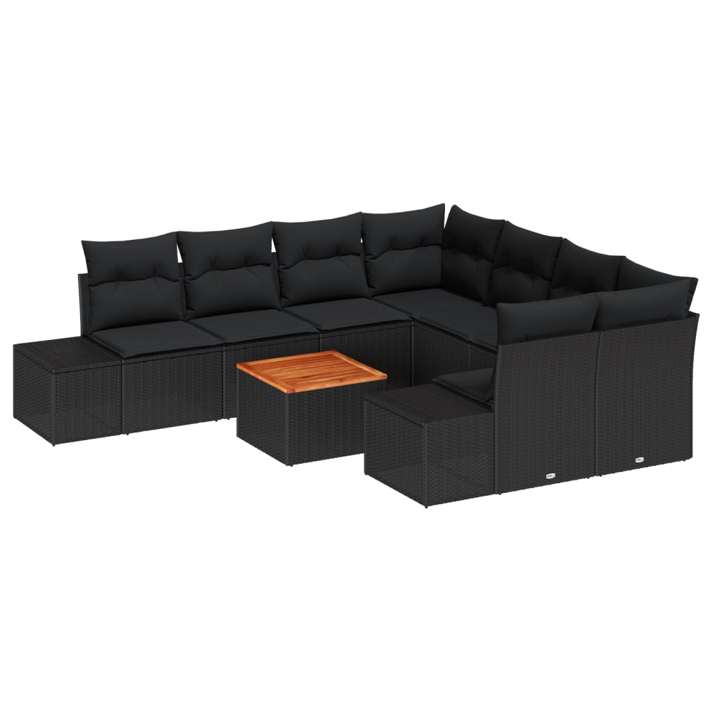 Set Divano Giardino 9 Pezzi con Cuscini Nero in Polyrattan e Acacia