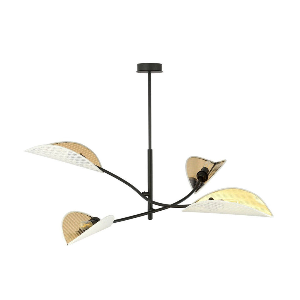 Lampada a sospensione Lotus in acciaio nero e paralumi bianco e oro