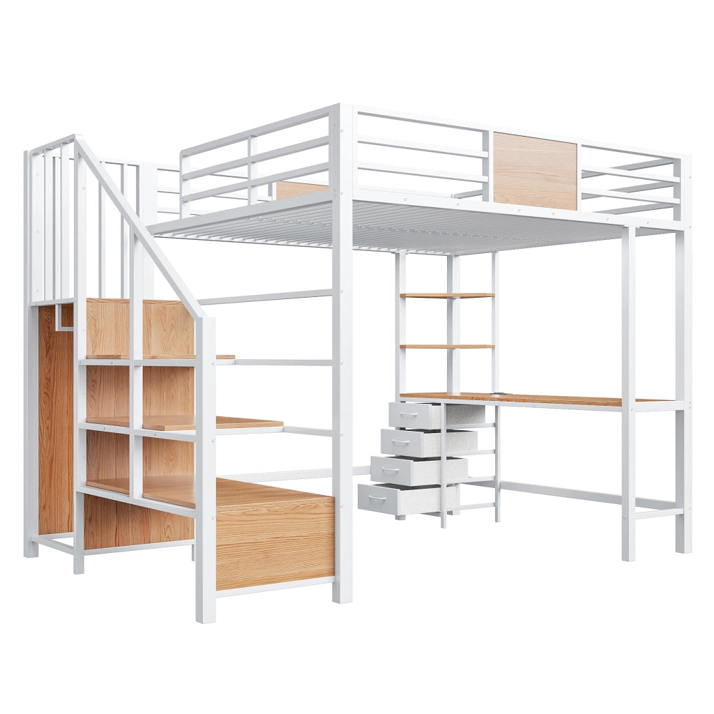 Hochbett in metallo 140x200 cm con scrivania, ripiani, barra appendiabiti, LED e presa europea