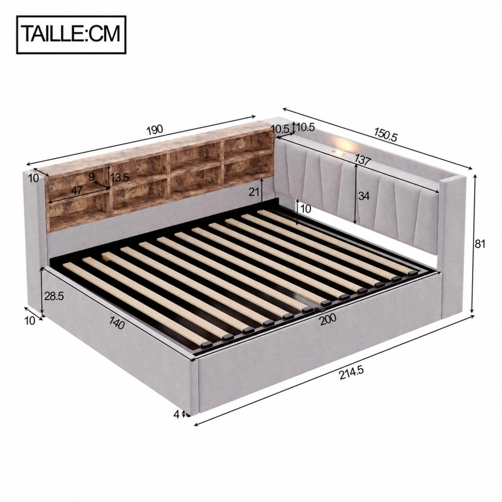 Letto imbottito 140 ¡Á 200 cm con vano contenitore idraulico in velluto grigio chiaro con luce e porte USB type-C