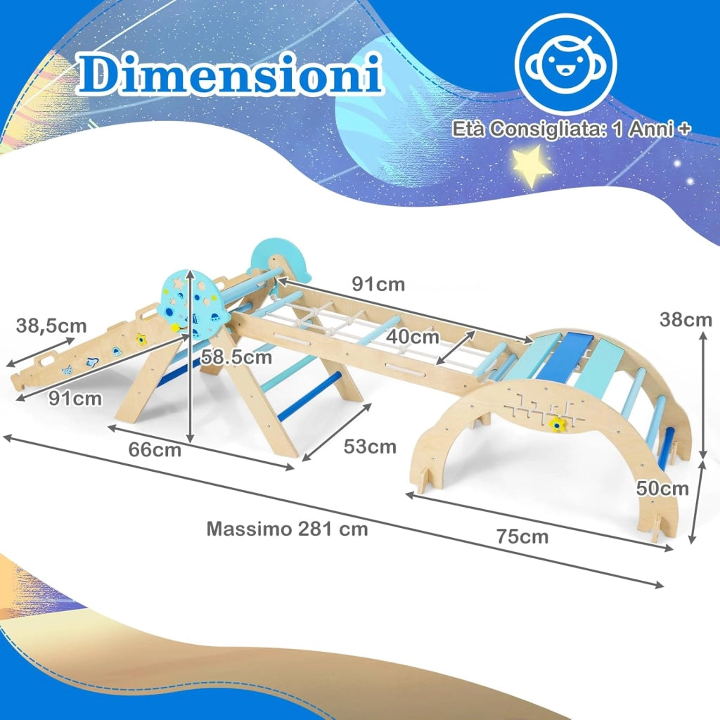 8 in 1 Set da Arrampicata per Bambini, Giocattoli da Arrampicata in Legno con Triangolo Arco Rampa e Corda, Giochi Montessori per Bambini 1 Anni + (Astronauta 4 pezzi, Blu)
