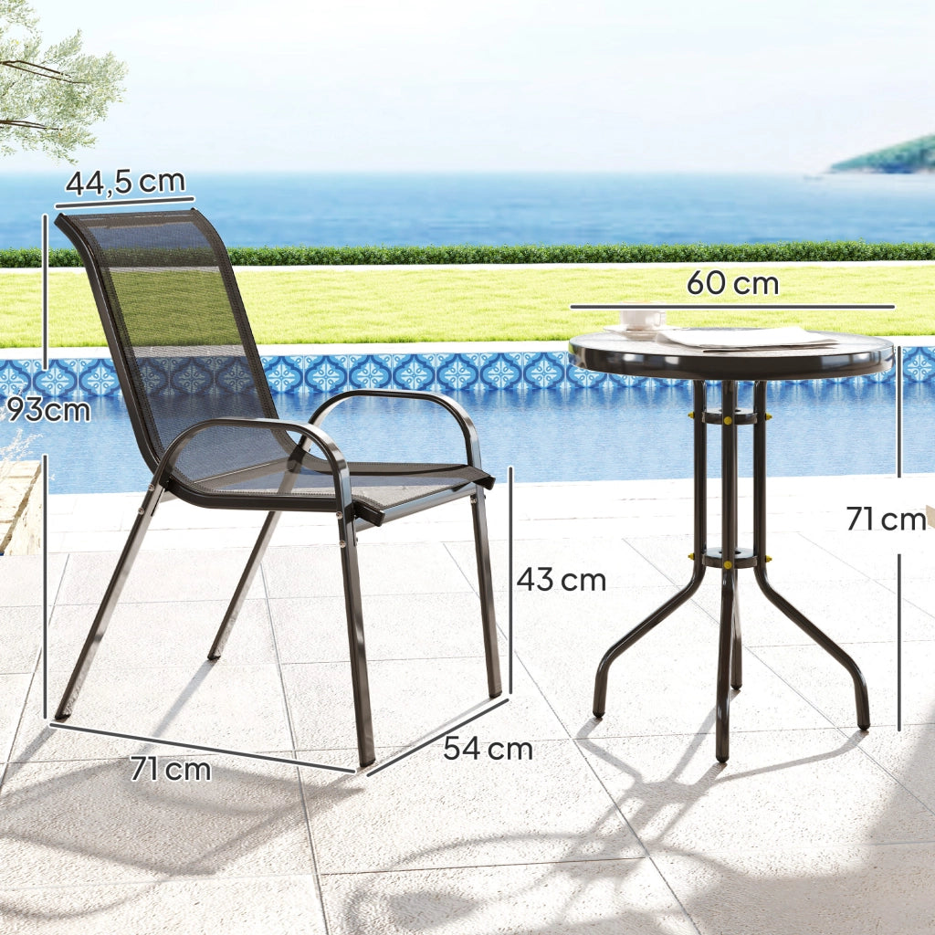 Set bistrot in 3 pezzi: Tavolo di vetro resistente + sedie impilabili; nero