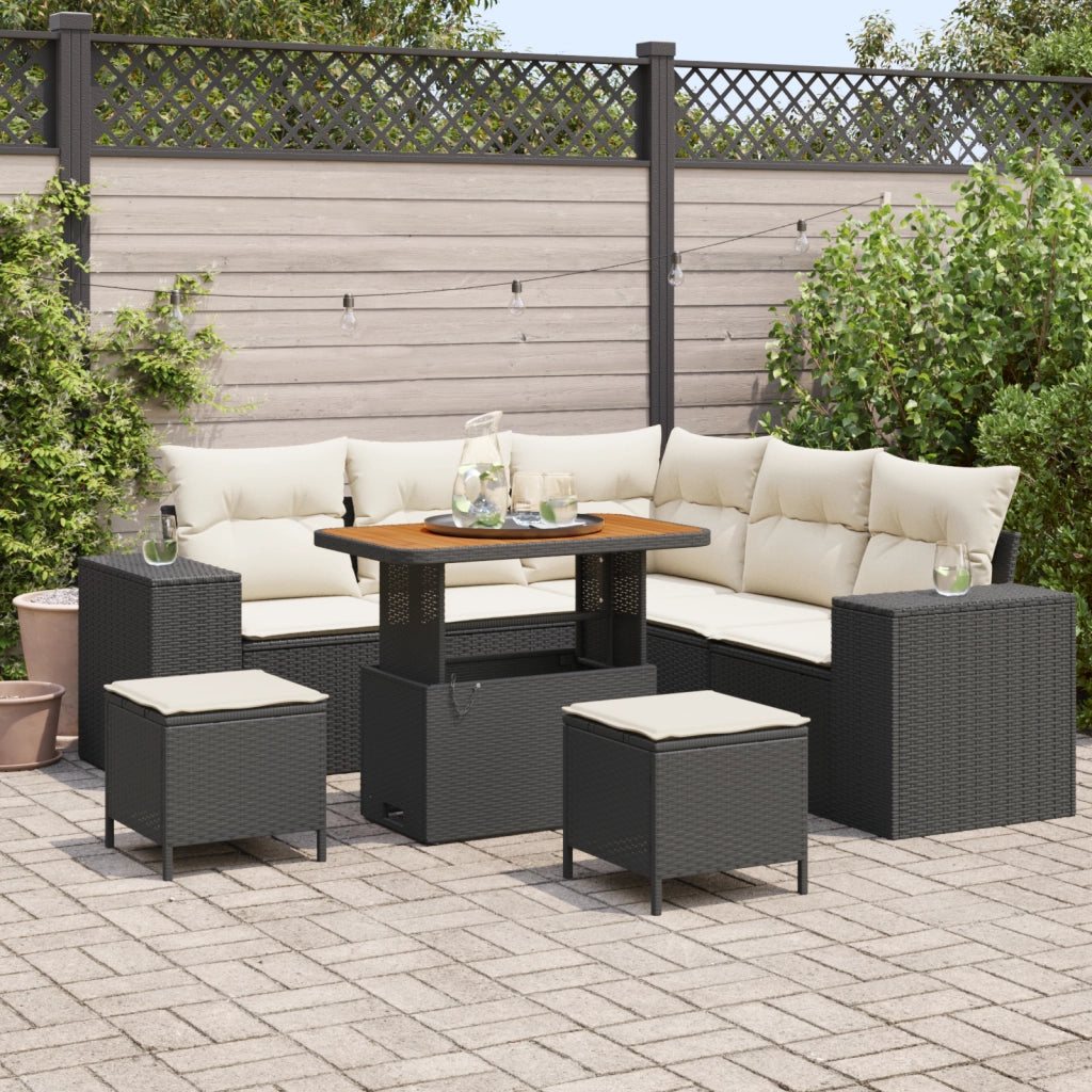 Set Divano da Giardino da 8 Pezzi con Cuscini Nero Poly Rattan Acacia