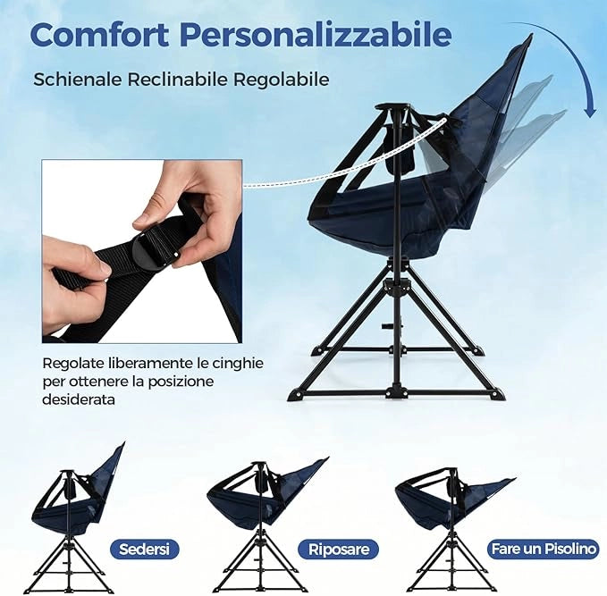 Sedia da Campeggio, Sedia Pieghevole per Esterni con Schienale e Poggiapiedi Regolabili, Poggiatesta, Porta Bicchiere e Borsa da Trasporto per Spiaggia, Giardino, Pesca, Supporta 150 kg (Blu)