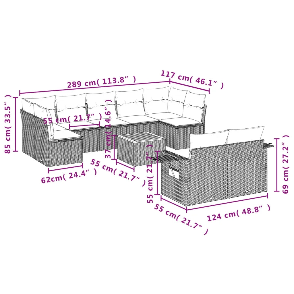 Set Divano da Giardino 10 pz con Cuscini Beige in Polyrattan