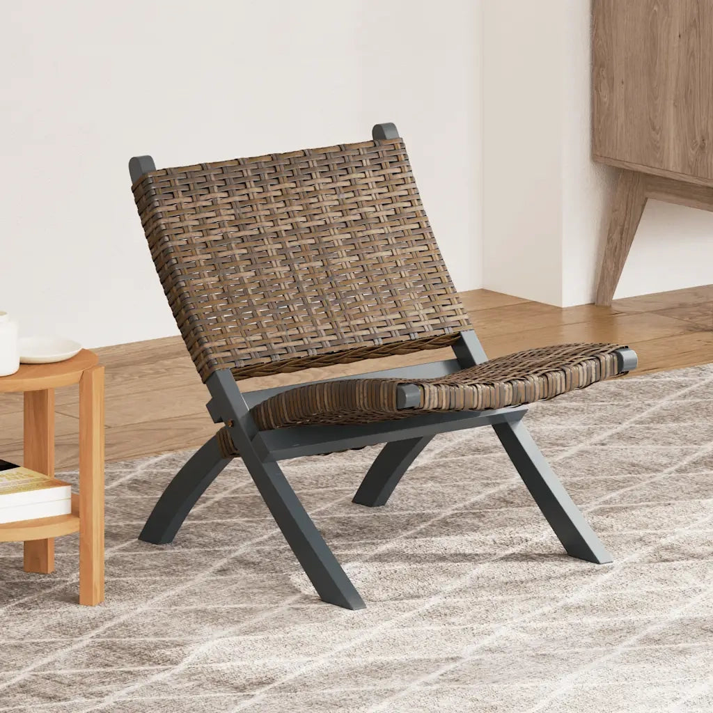 Poltrona | Sedia Relax Grigia in Rattan Kubu Naturale e Mogano Massello