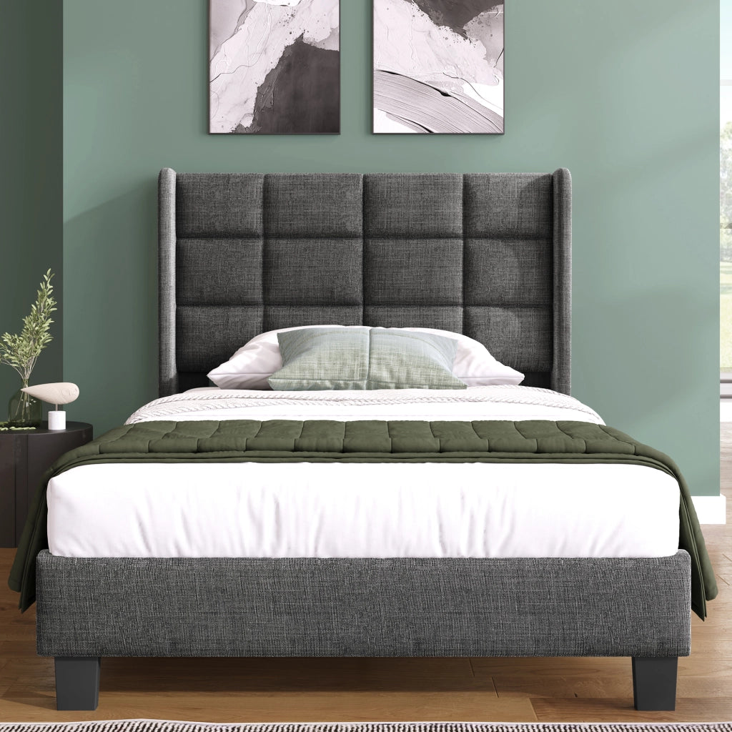 Letto Singolo 1 Posto con Testiera Alta Imbottita; 90×200 cm; senza Materasso; Tessuto di Lino; Grigio