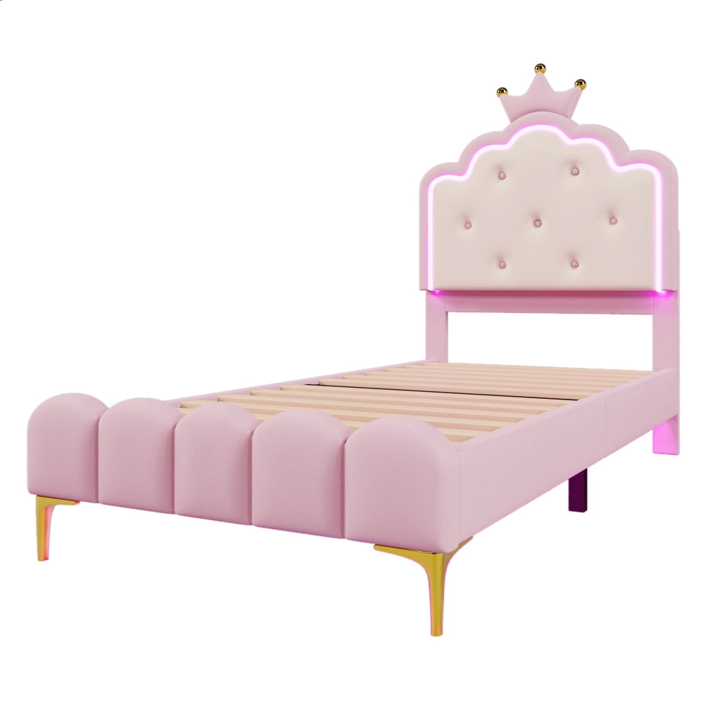 Letto singolo a forma di corona, 90 x 200 cm, con rete a doghe, LED ambientale, rosa, PU